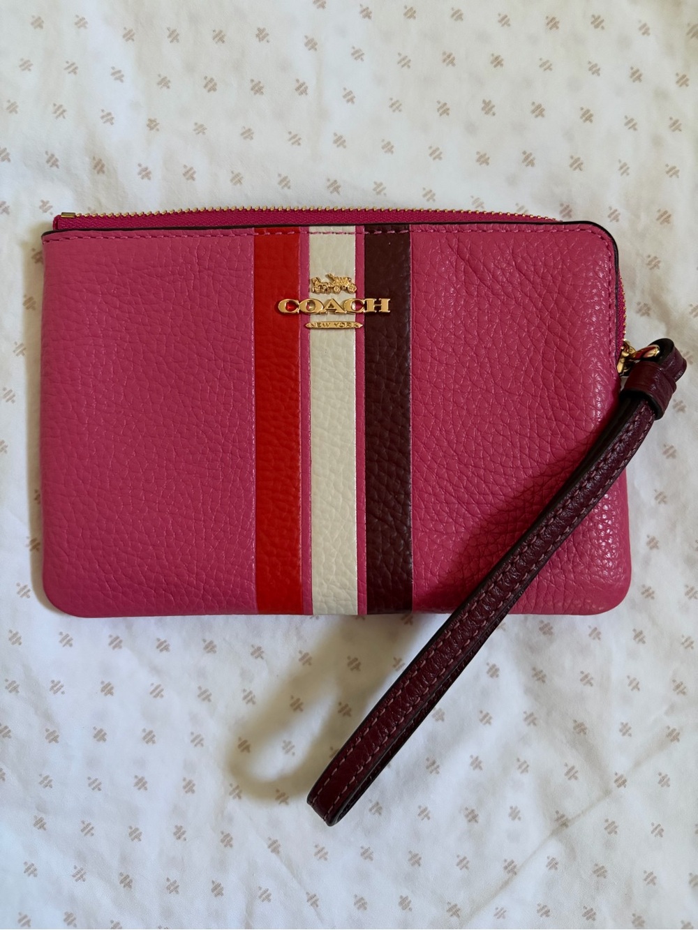Coach Corner Zip Wristlet with Pink Stripes